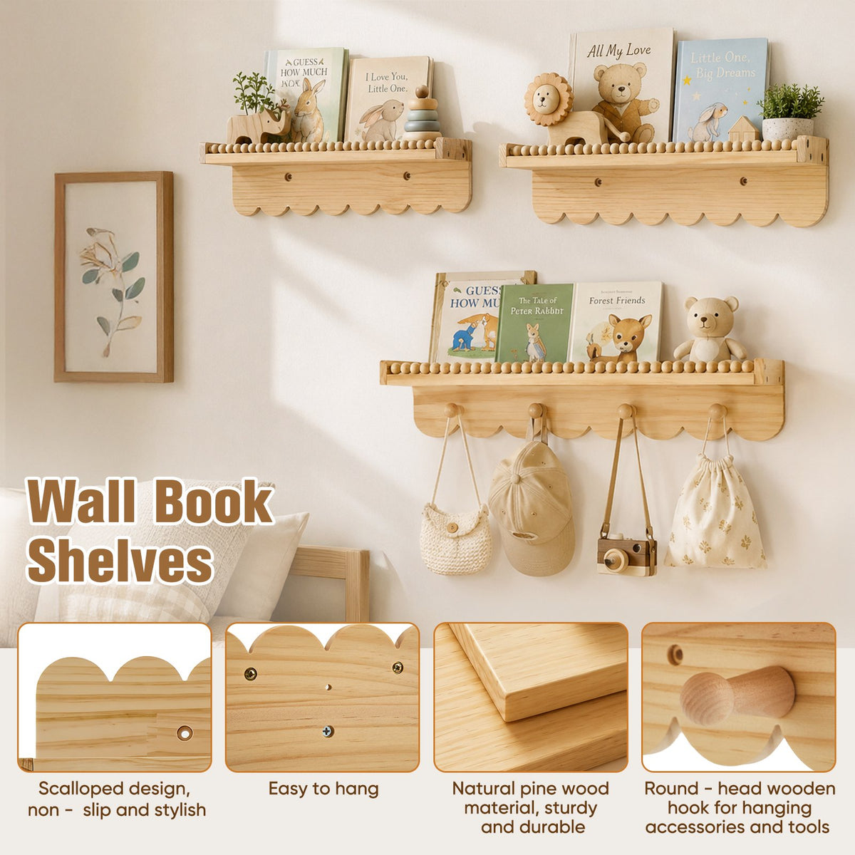 Doulami Nursery Bookshelf, Set of 3 Pine Wall Shelves with Hooks for Kids Room Gift, Nursery Book and Toy Storage, Neutral Nursery Decor