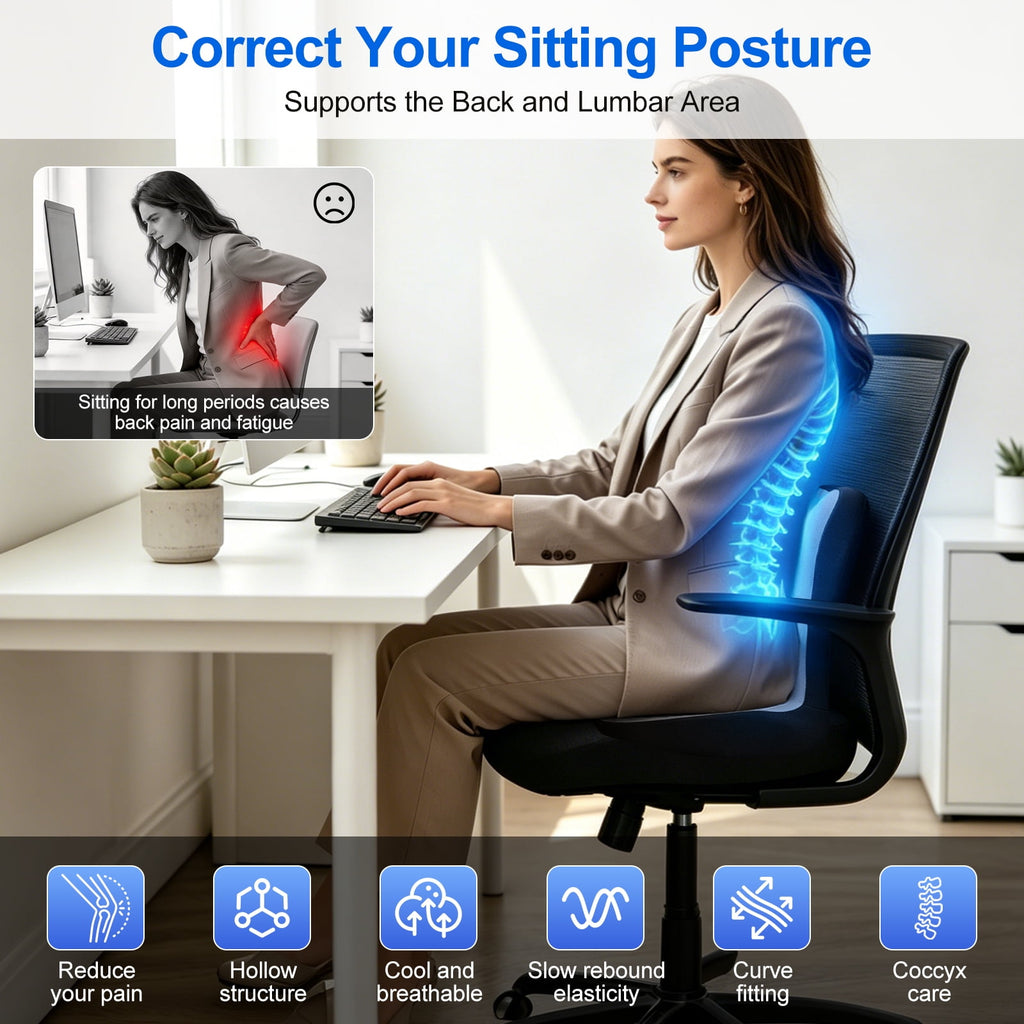 AMTPM Seat Cushion for Desk Chair, Breathable Non-Slip Office Chair Cushion, Ergonomic Back Support Pillow for Car, Home, Office - Relieve Tailbone & Sciatica Pain